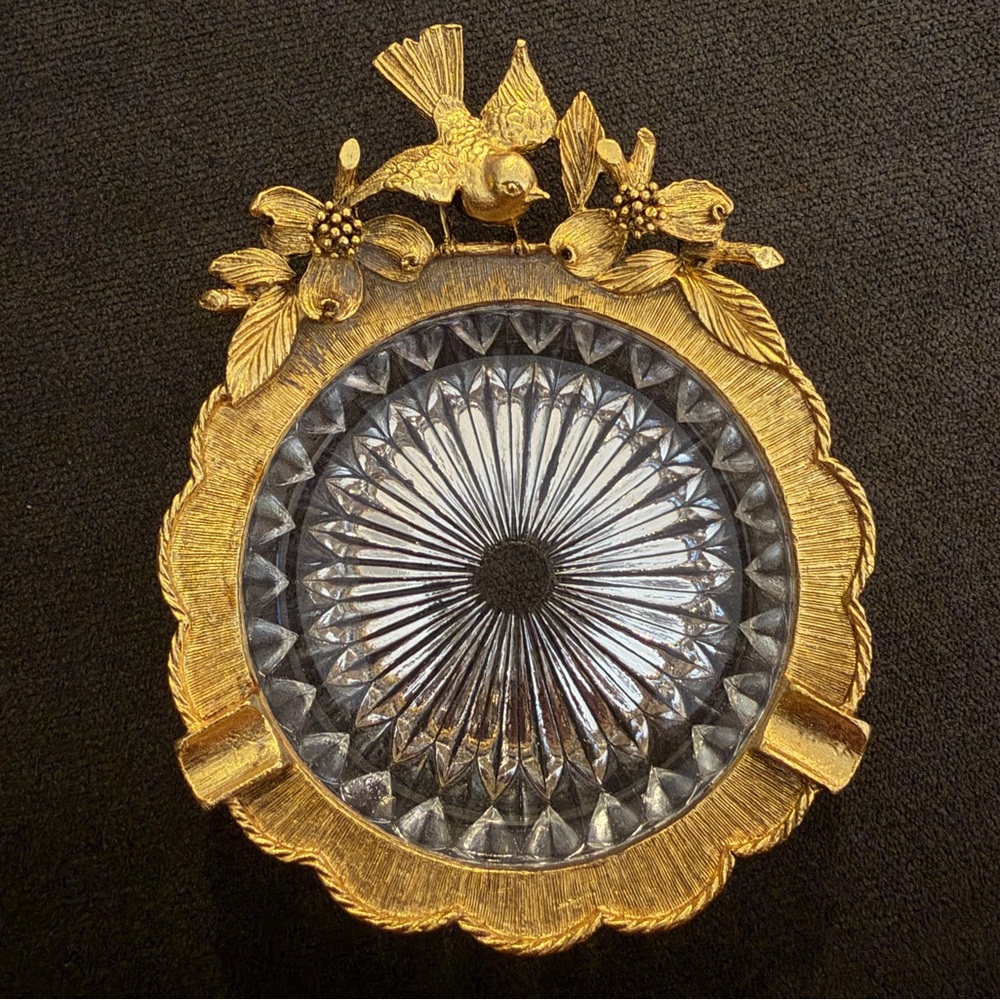 Vintage Matson Bird & Dogwood Ashtray Hollywood Regency Cut Glass Ormolu Dish